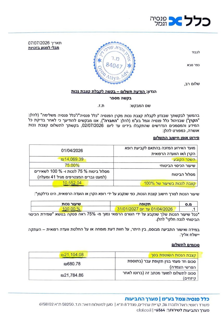 קרן פנסיה - לקוח יקבל קצבת נכות חודשית בסך 10,552 ₪ ותשלום רטרו בסך 21,104 ₪