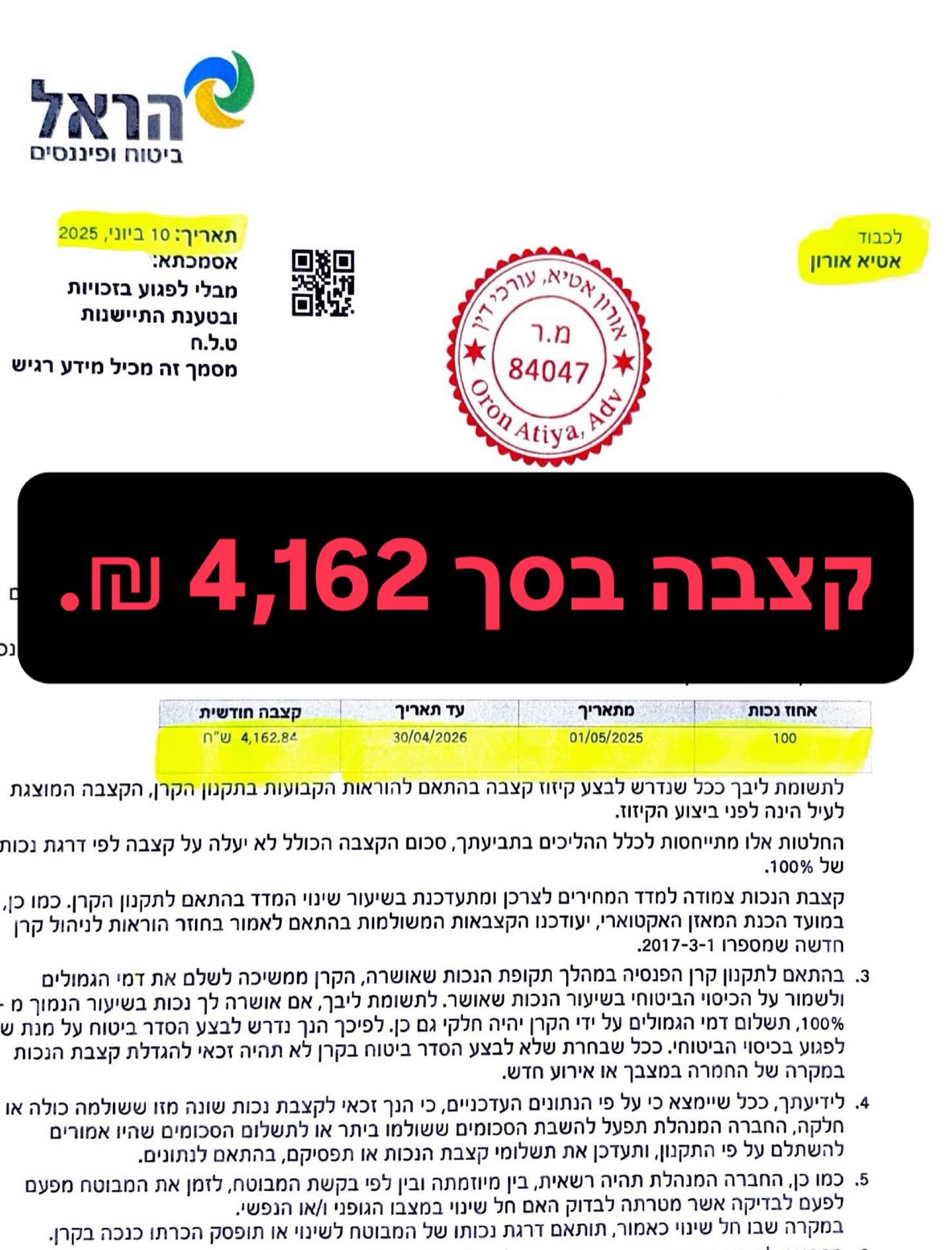 קרן הפנסיה אובדן כושר עבודה- קצבה חודשית בסך 4,162 ₪ וזה בנוסף לקצבה מביטוח לאומי בסך 3,206