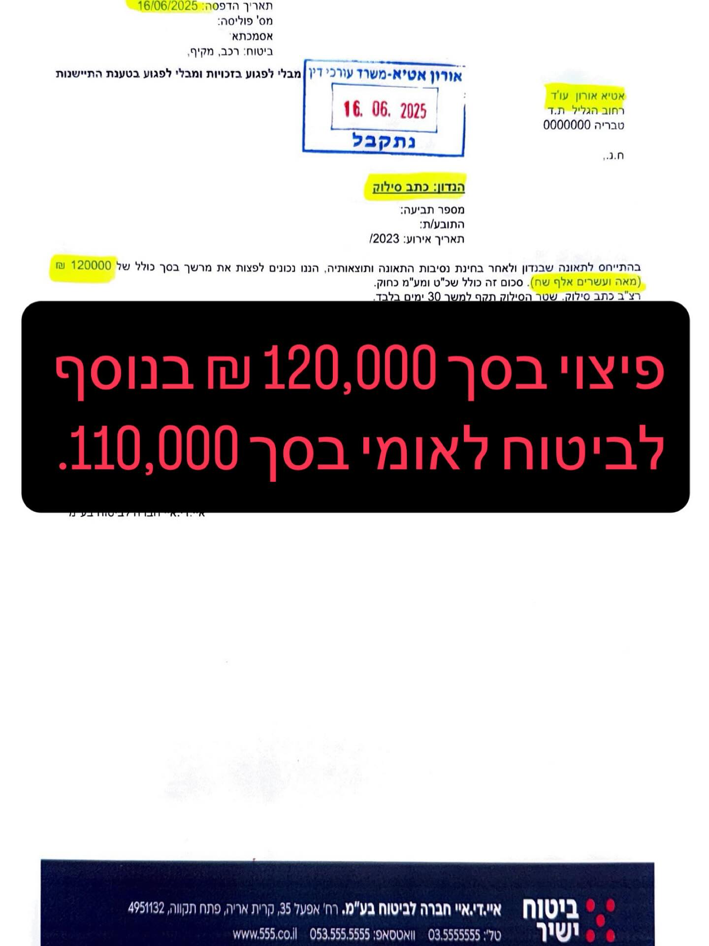 תשלום פיצוי מחברת הביטוח של הרכב בסך 120,000 ₪ בנוסף לפיצוי בסך 110,000 ₪