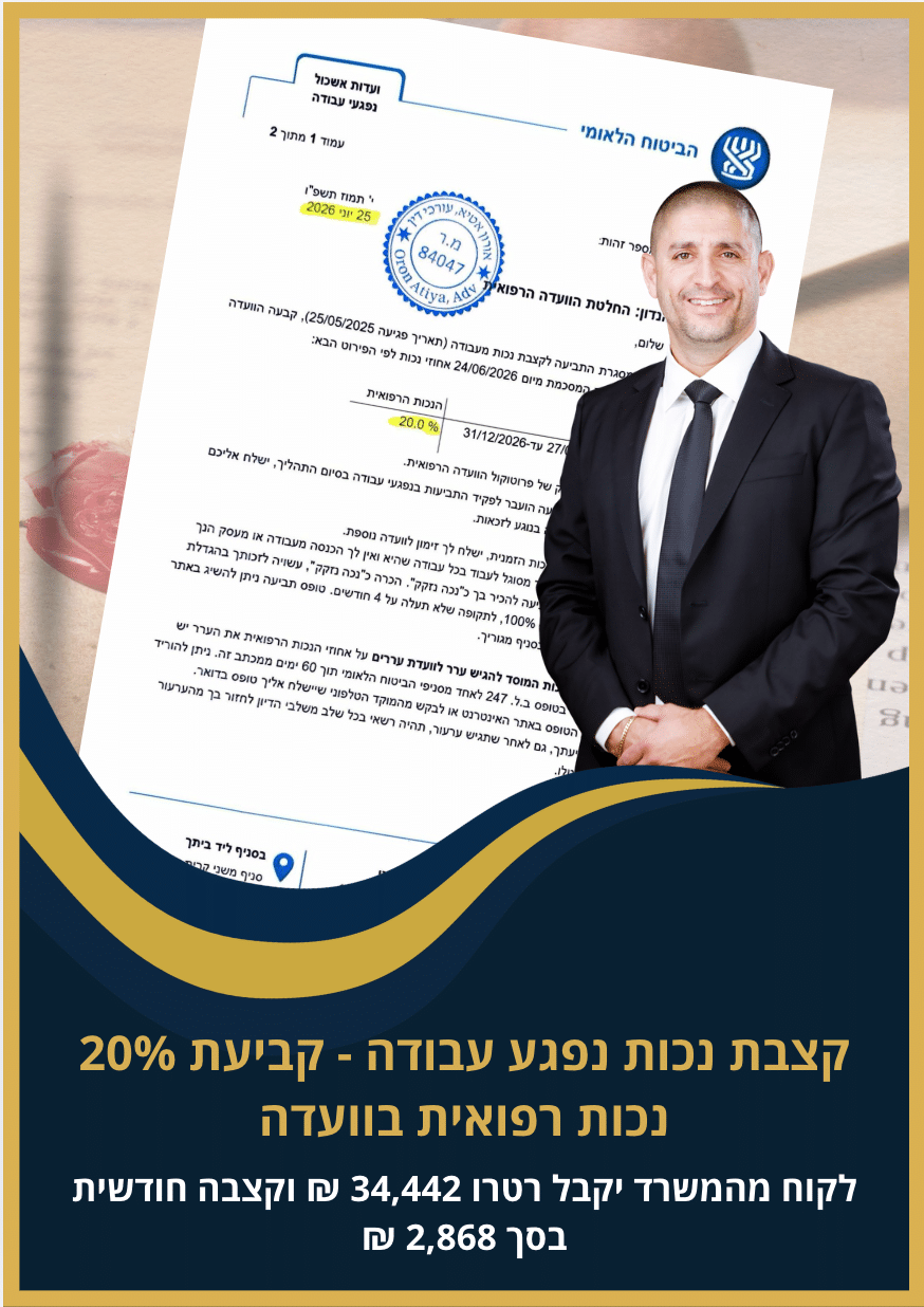 נפגע עבודה - ללקוח נקבעה דרגת נכות רפואית יציבה/זמנית בשיעור של 20%